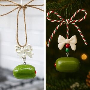 Olive Ornament – Handmade Polymer Clay Green Olive Home Decor with Bow